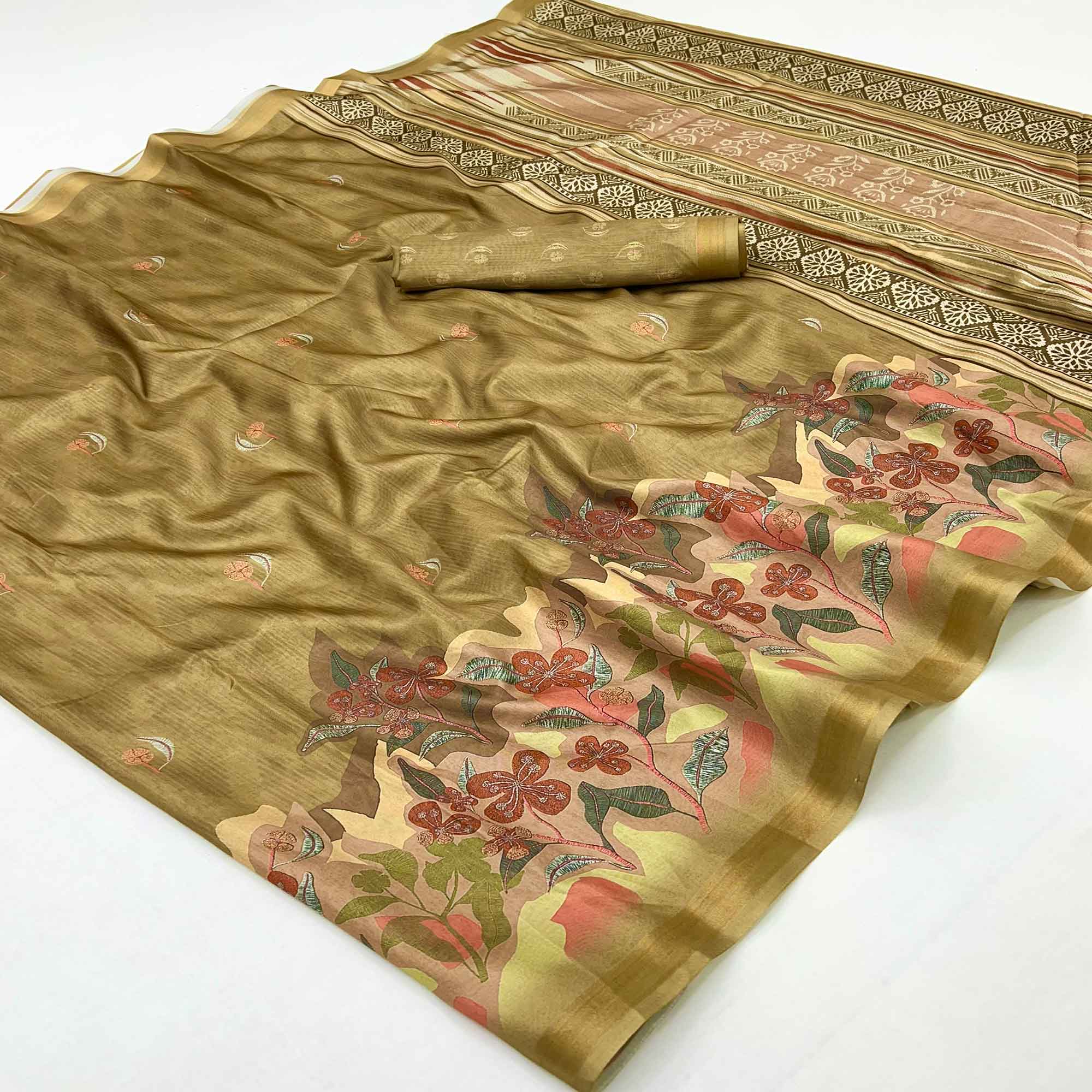 Ethereal Dark Mustard Floral Digital Printed Dola Silk Saree With Zari Border