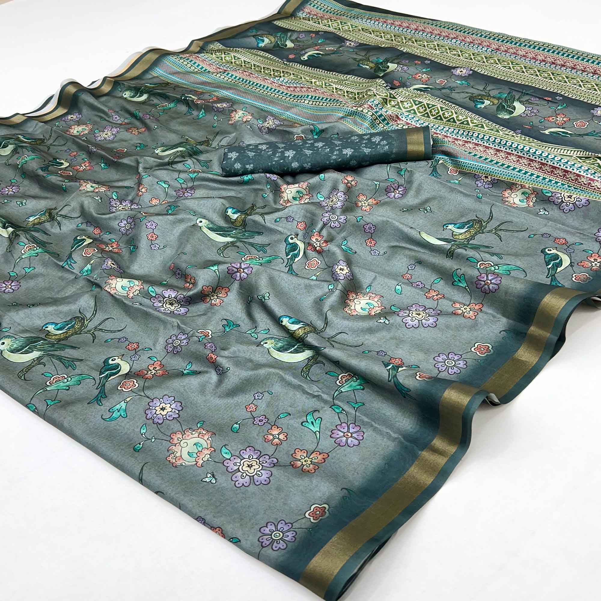 Grey Floral & Bird Digital Printed Dola Silk Saree With Elegant Zari Border