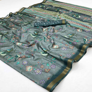 Grey Floral & Bird Digital Printed Dola Silk Saree With Elegant Zari Border