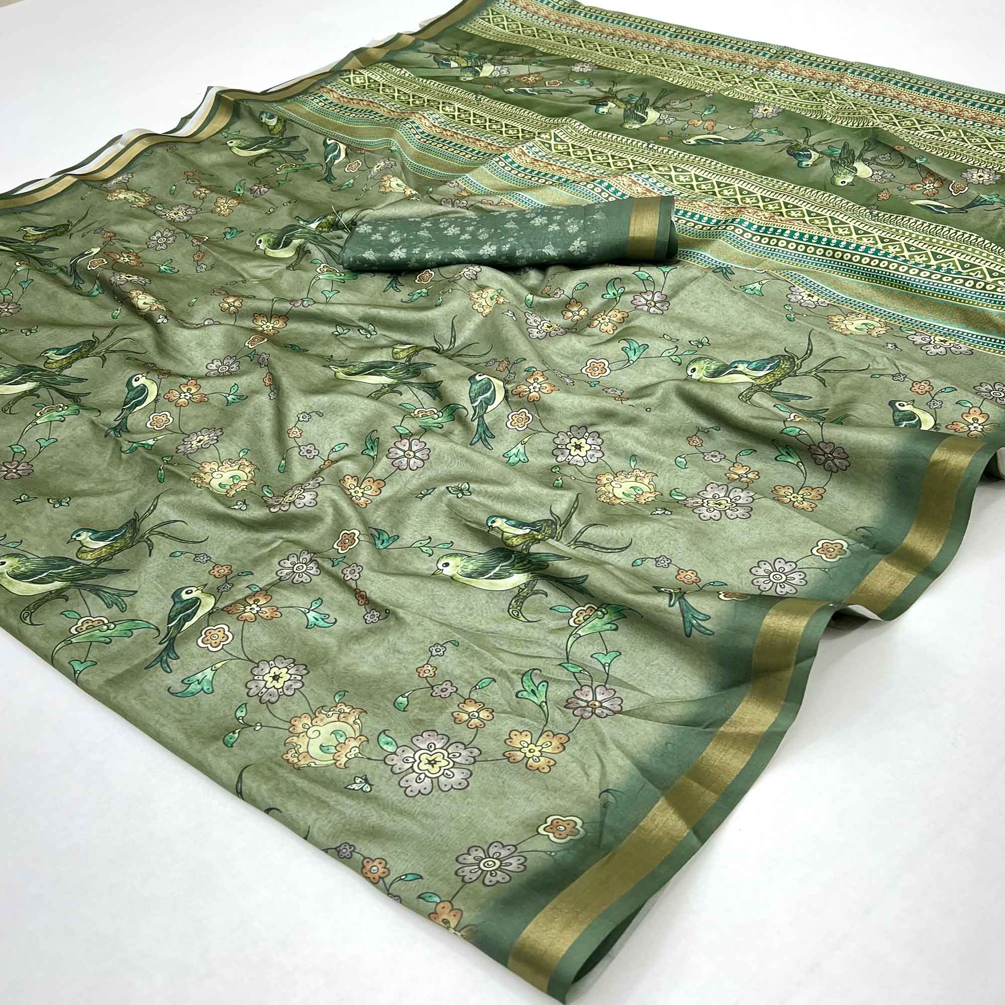 Green Floral & Bird Digital Printed Dola Silk Saree With Elegant Zari Border