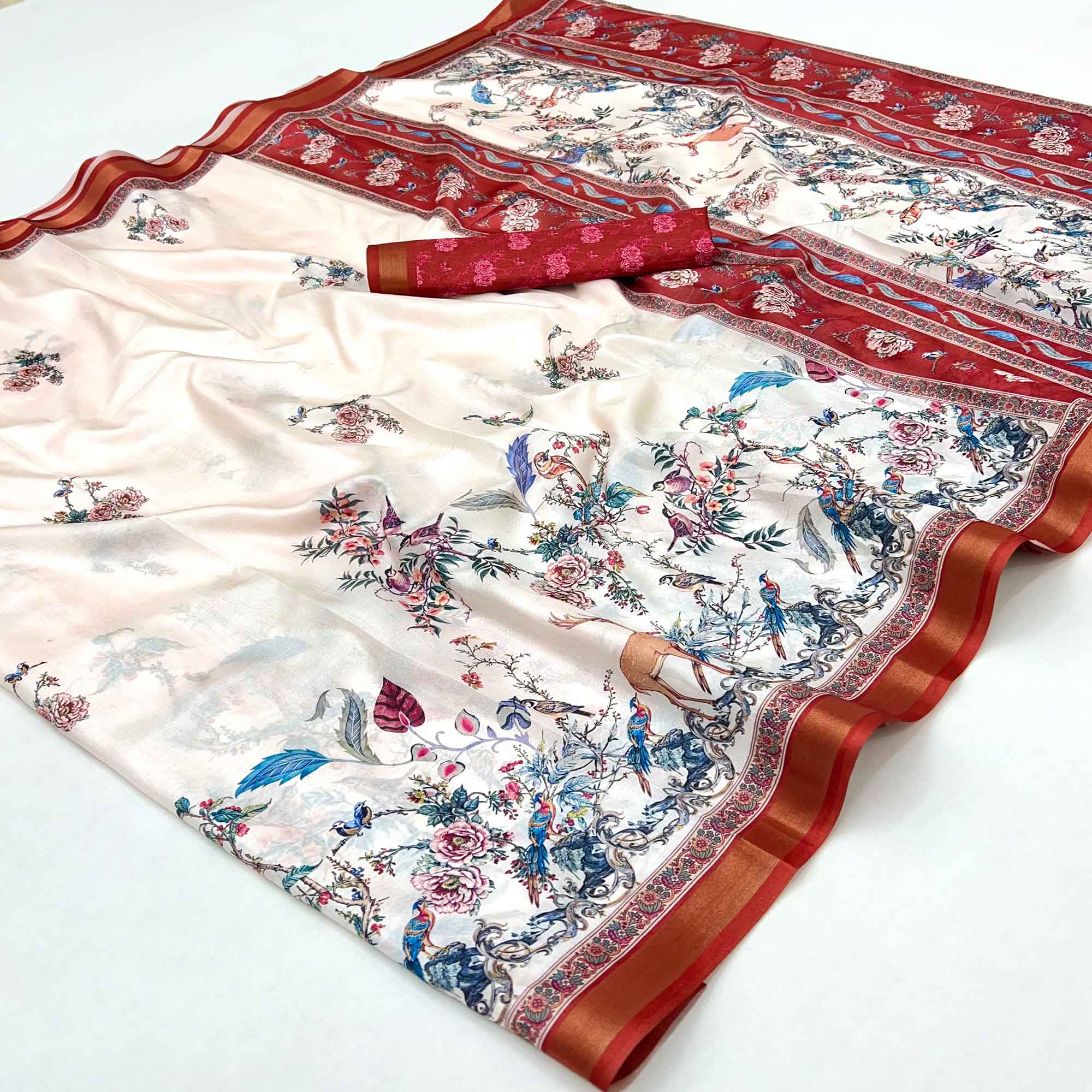 Offwhite Majestic Floral & Birds Digital Printed Dola Silk Saree With Refined Zari Border