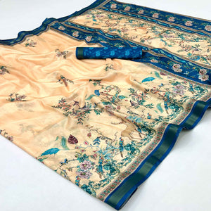 Light Peach Majestic Floral & Birds Digital Printed Dola Silk Saree With Refined Zari Border