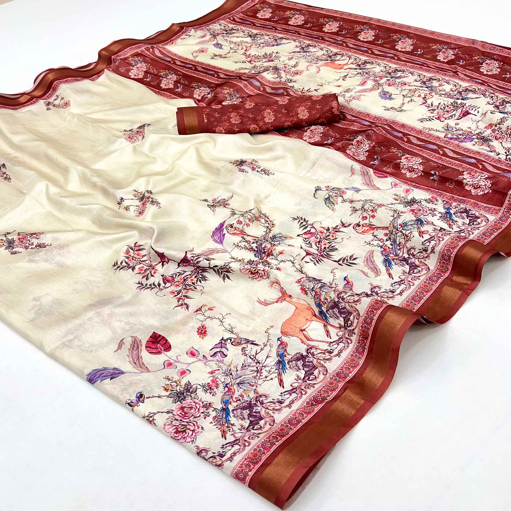 Cream Majestic Floral & Birds Digital Printed Dola Silk Saree With Refined Zari Border
