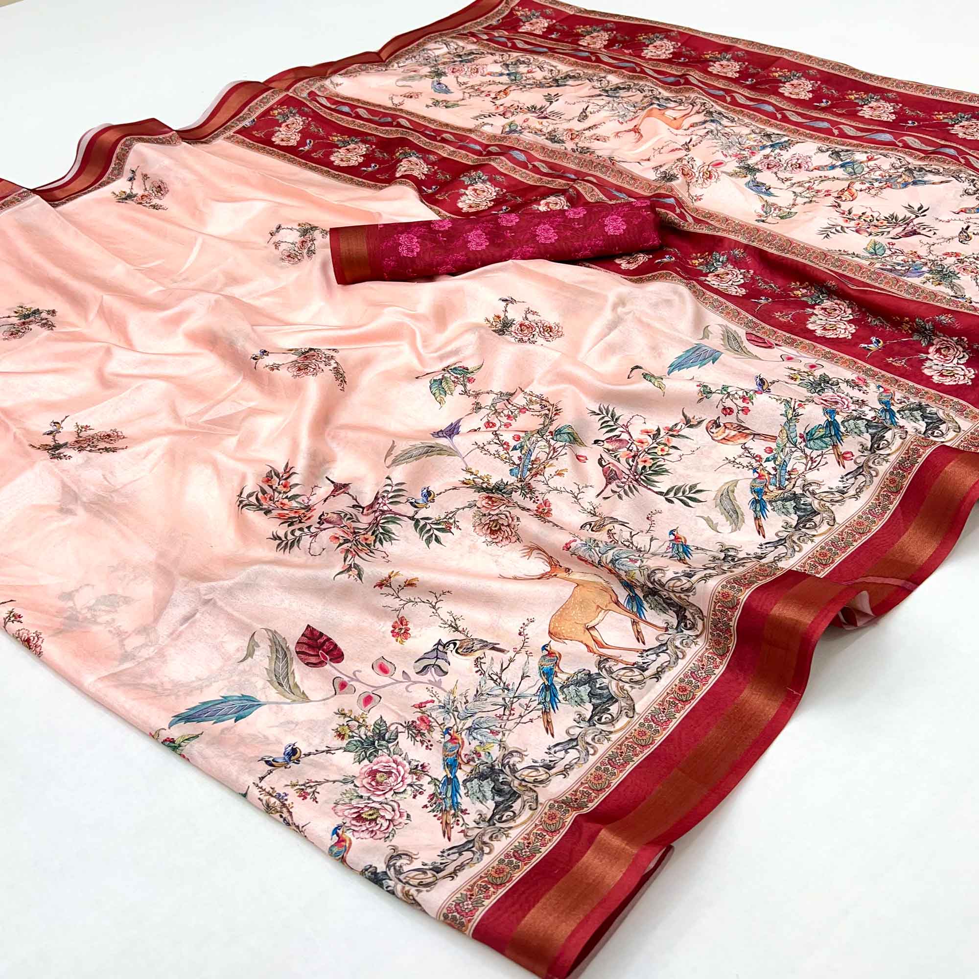 Peach Majestic Floral & Birds Digital Printed Dola Silk Saree With Refined Zari Border