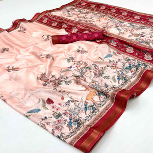 Peach Majestic Floral & Birds Digital Printed Dola Silk Saree With Refined Zari Border