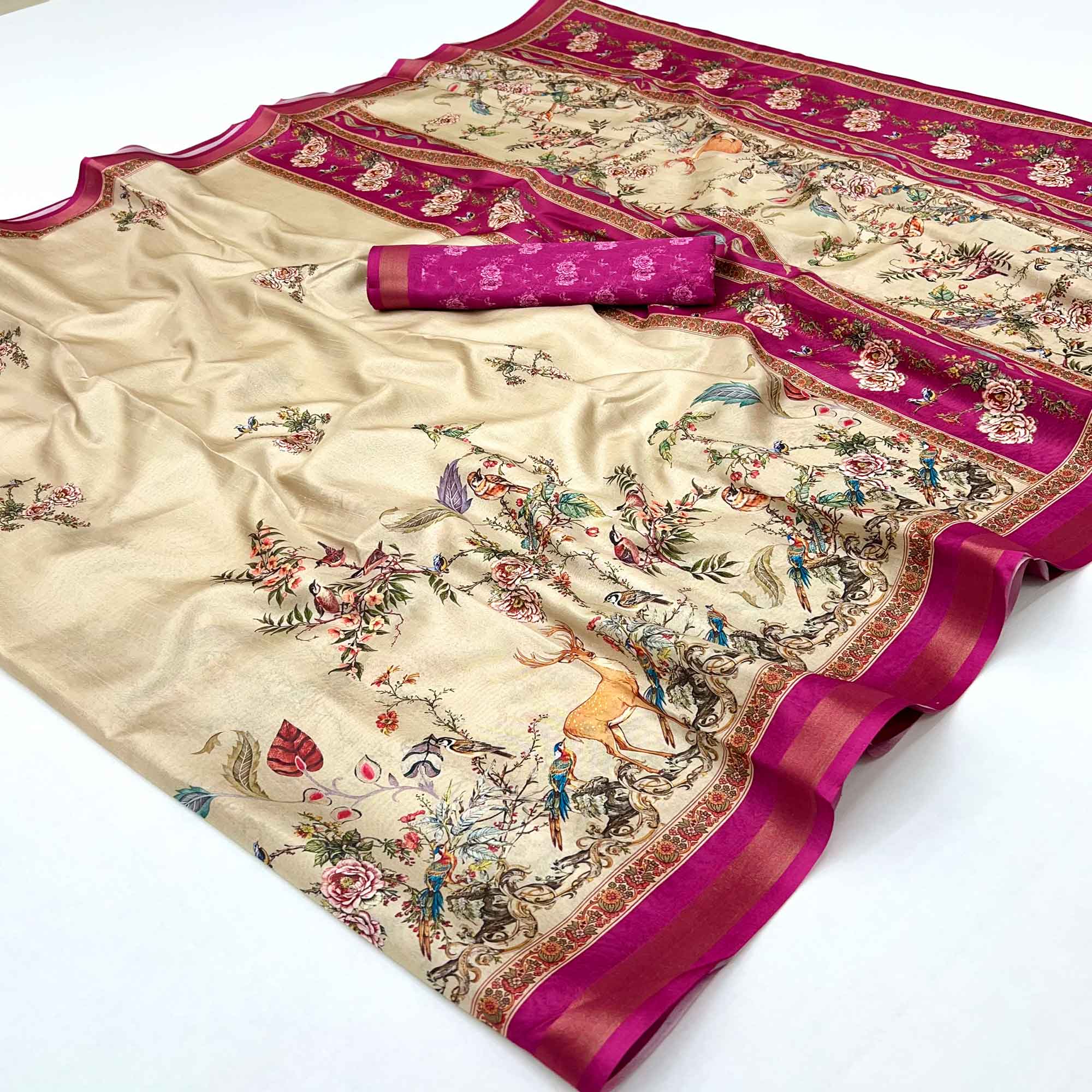 Chikoo Majestic Floral & Birds Digital Printed Dola Silk Saree With Refined Zari Border