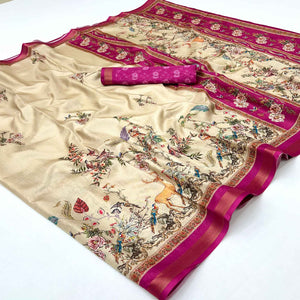 Chikoo Majestic Floral & Birds Digital Printed Dola Silk Saree With Refined Zari Border