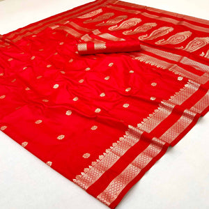 Red Ornate Floral Zari Weaving Work Silk Blend Saree With Festive Shine