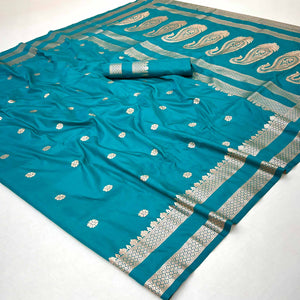 Rama Blue Ornate Floral Zari Weaving Work Silk Blend Saree With Festive Shine