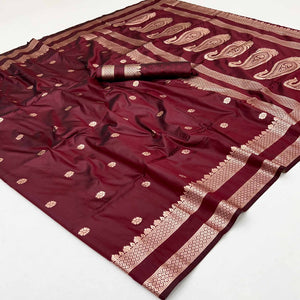 Maroon Ornate Floral Zari Weaving Work Silk Blend Saree With Festive Shine