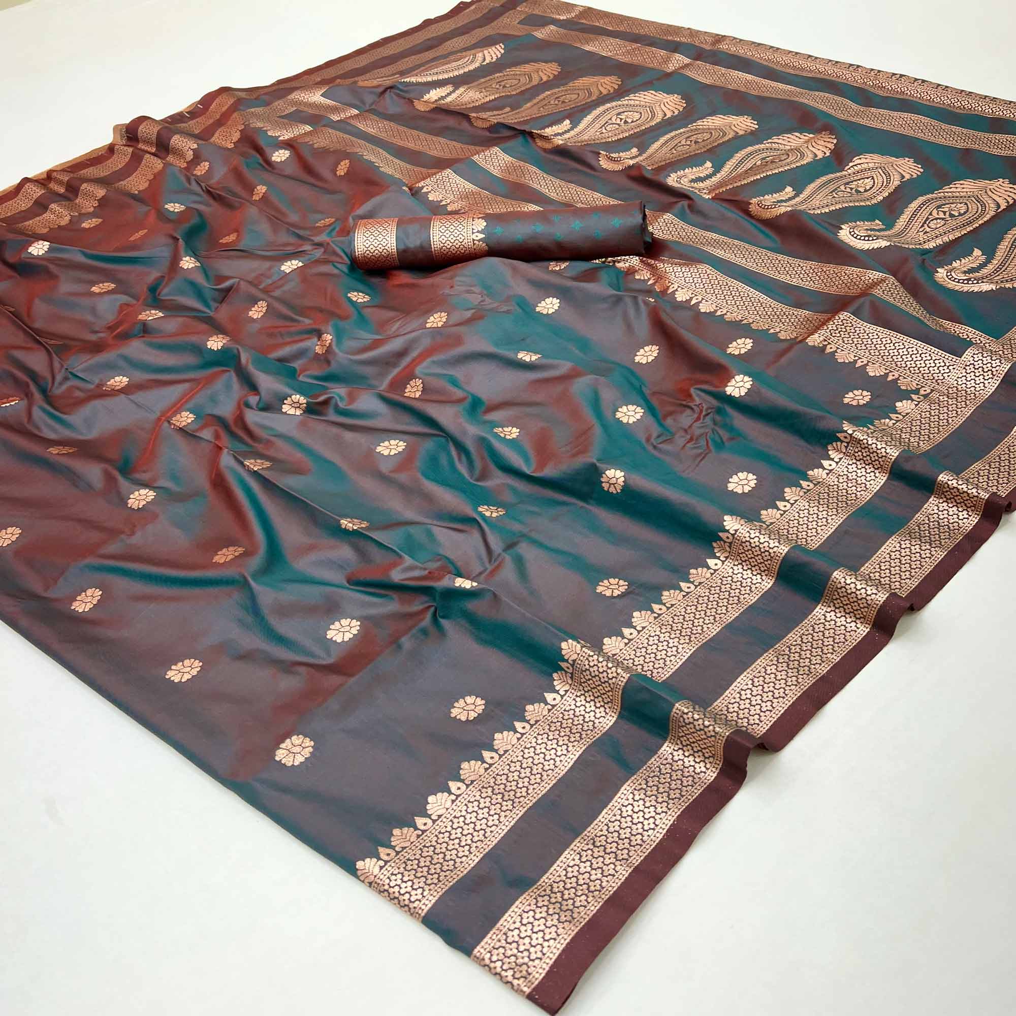 Teal Green Ornate Floral Zari Weaving Work Silk Blend Saree With Festive Shine