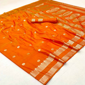 Orange Ornate Floral Zari Weaving Work Silk Blend Saree With Festive Shine