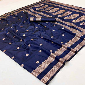 Navy Blue Ornate Floral Zari Weaving Work Silk Blend Saree With Festive Shine