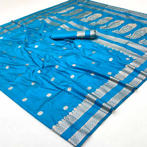Blue Ornate Floral Zari Weaving Work Silk Blend Saree With Festive Shine