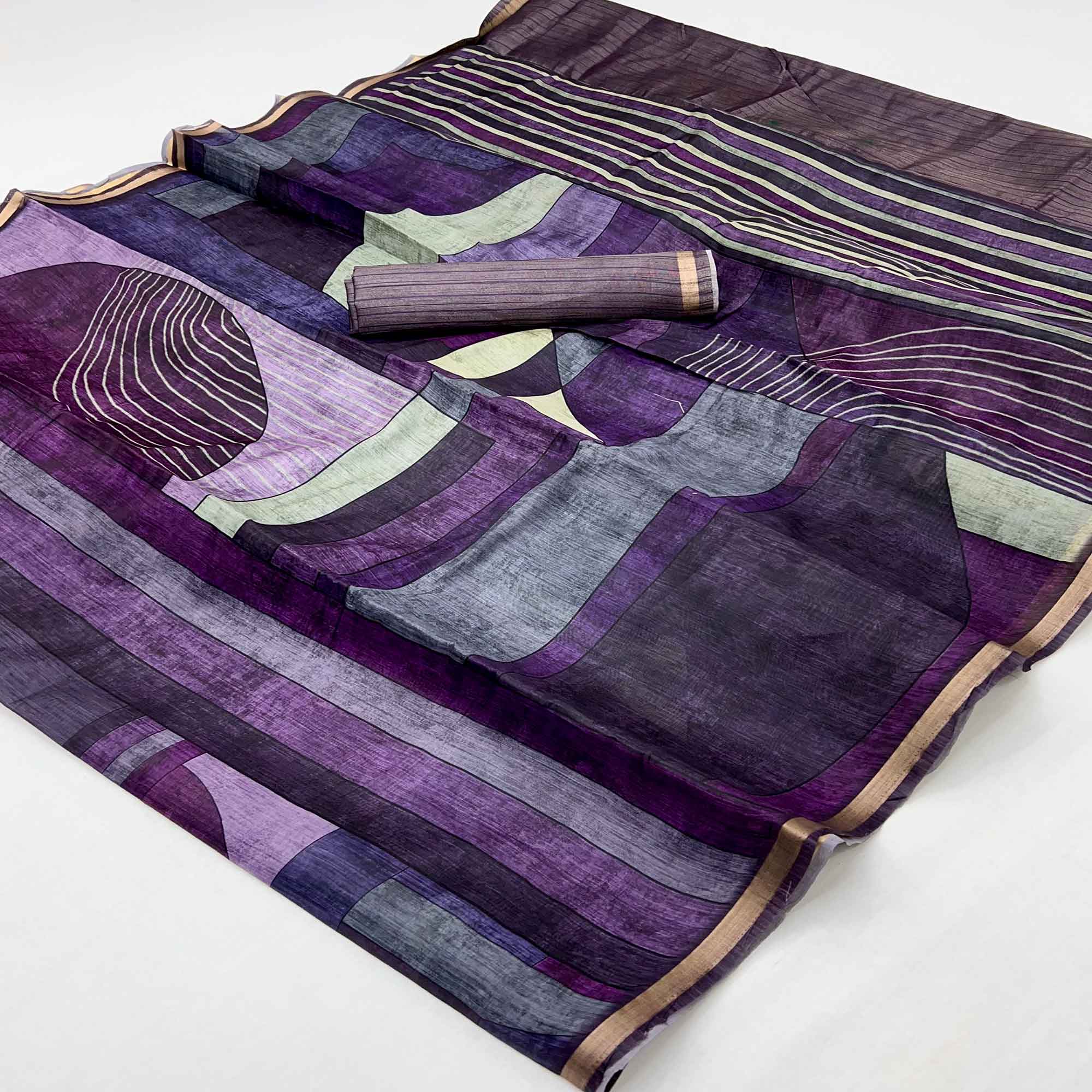 Purple Contemporary Geometric Digital Printed Viscose Saree With Gleaming Zari Border