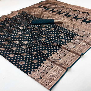 Morpich Blue Classic Floral Zari Weaving Satin Silk Saree With Sophisticated Drape