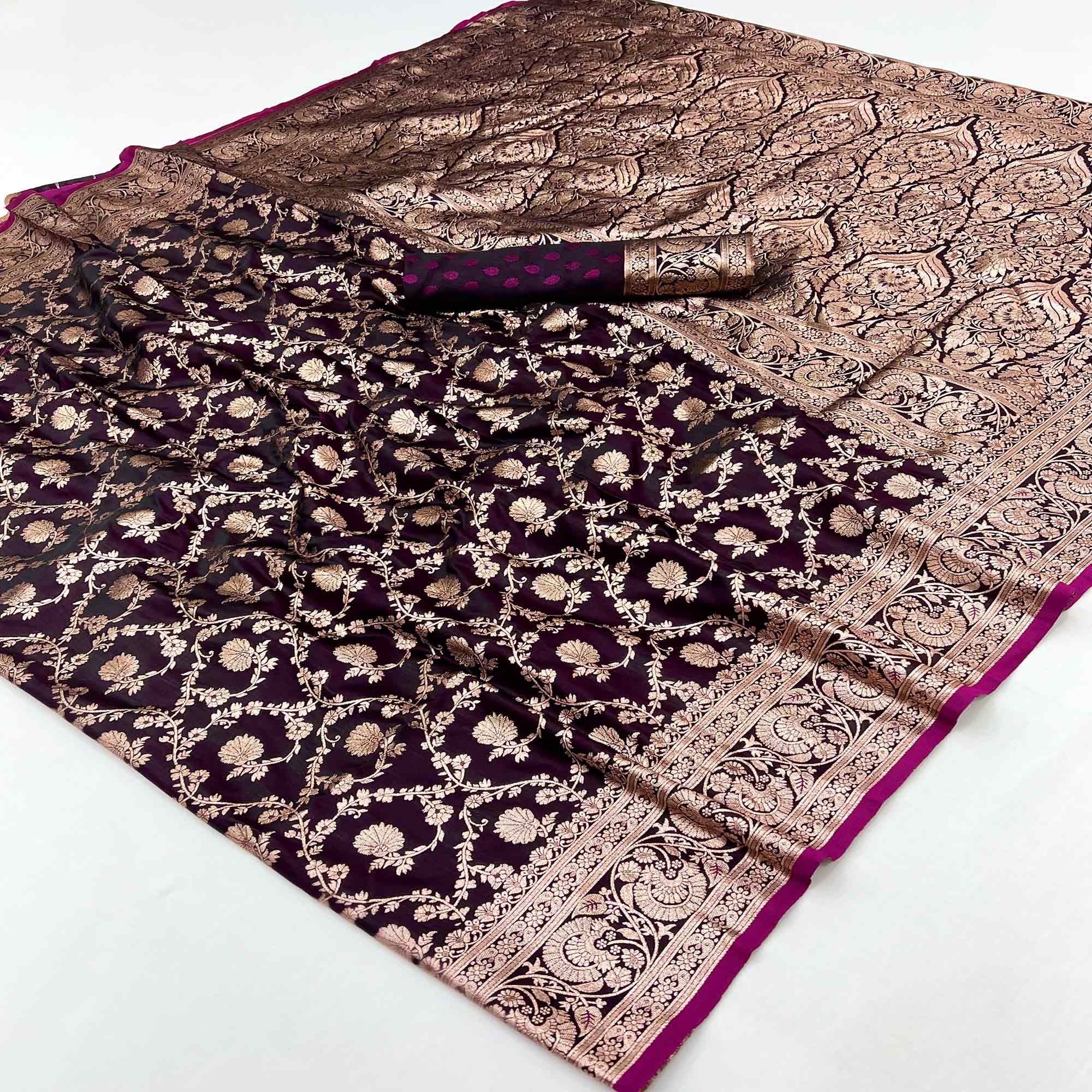 Wine Classic Floral Zari Weaving Satin Silk Saree With Sophisticated Drape