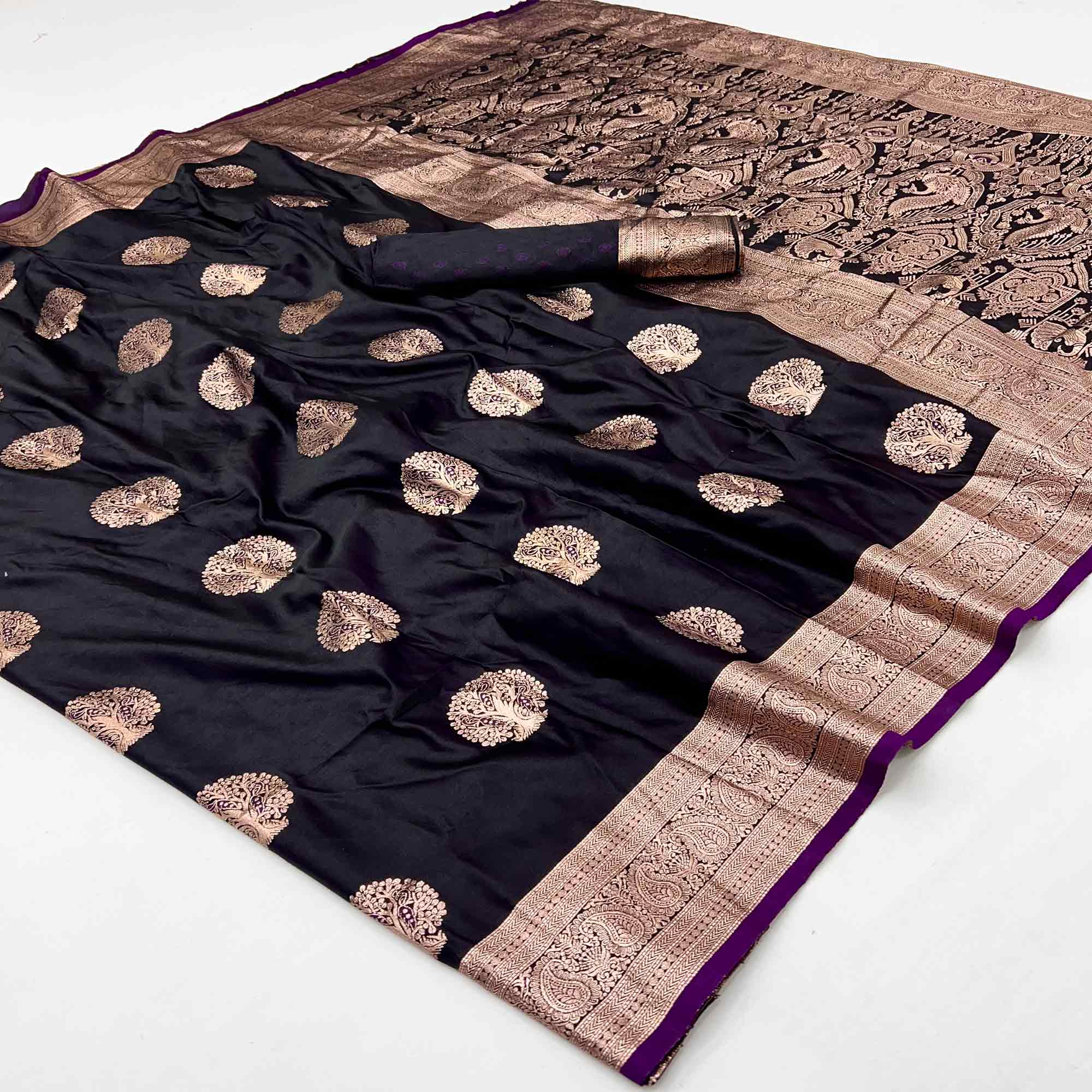 Dark Purple Classic Floral Zari Weaving Satin Silk Saree With Sophisticated Drape