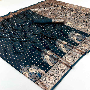 Dark Teal Classic Floral Zari Weaving Satin Silk Saree With Sophisticated Drape