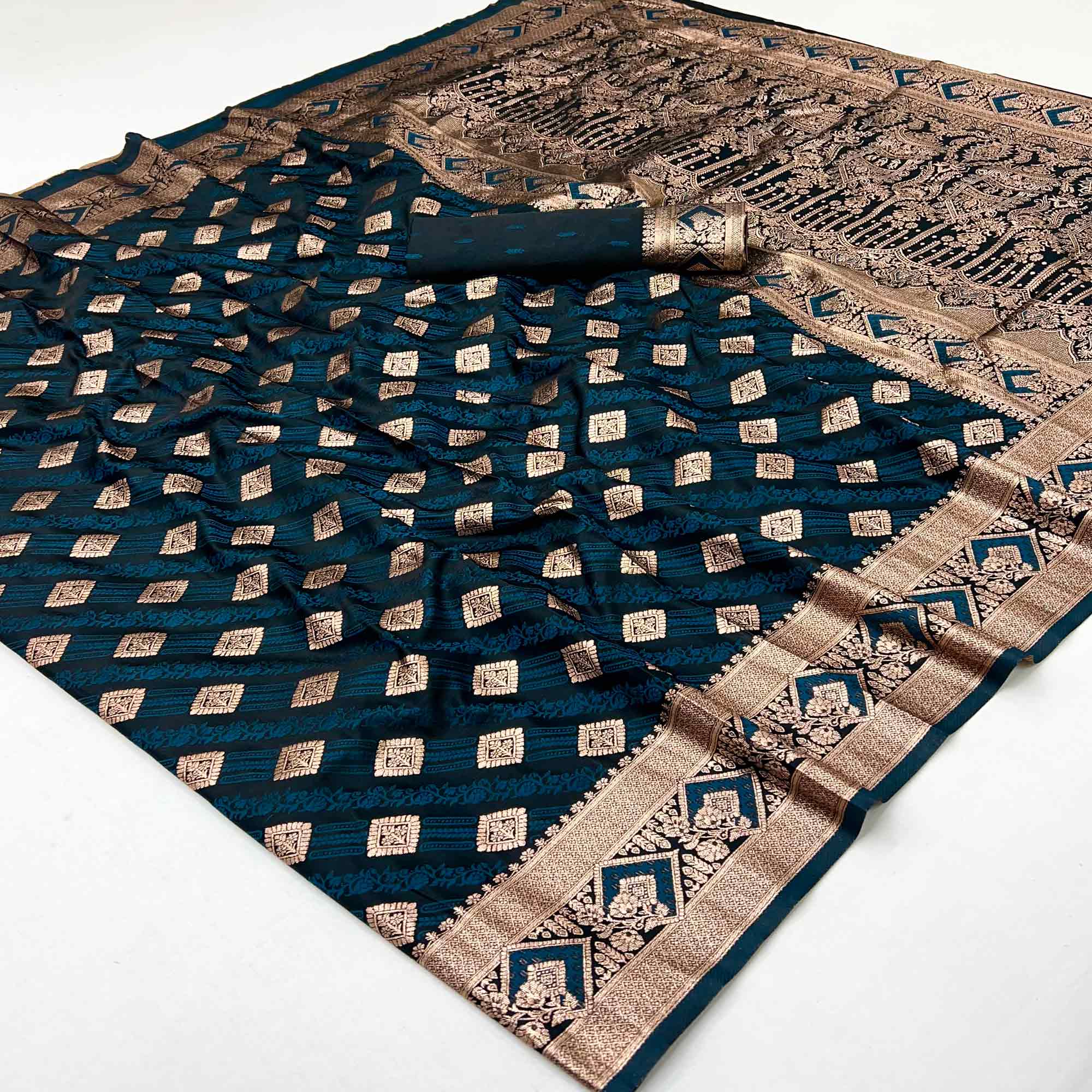 Dark Teal Classic Floral & Peacock Zari Weaving Satin Silk Saree With Sophisticated Drape