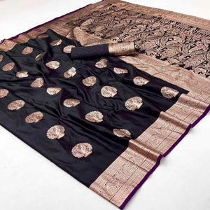 Dark Purple Classic Floral Zari Weaving Satin Silk Saree With Sophisticated Drape
