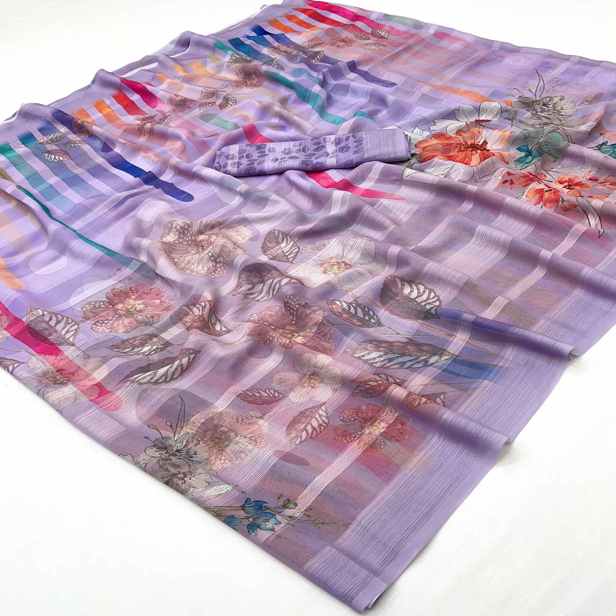 Lavender Contemporary Floral Digital Printed Silk Blend Saree With Textured Striped Weaving