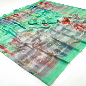 Green Contemporary Floral Digital Printed Silk Blend Saree With Textured Striped Weaving