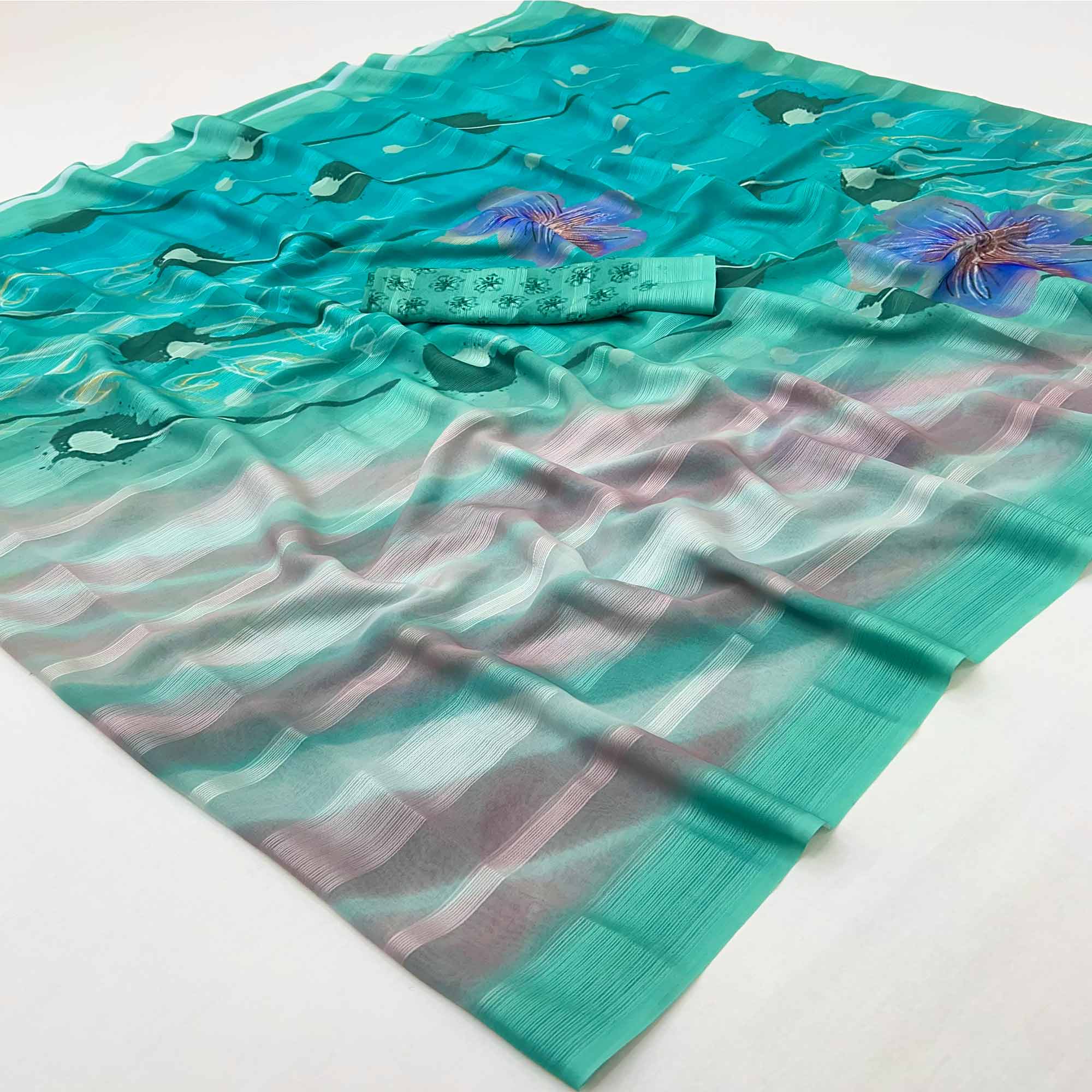 Turquoise Silk Blend Saree With Floral Digital Prints & Striped Weaving Design