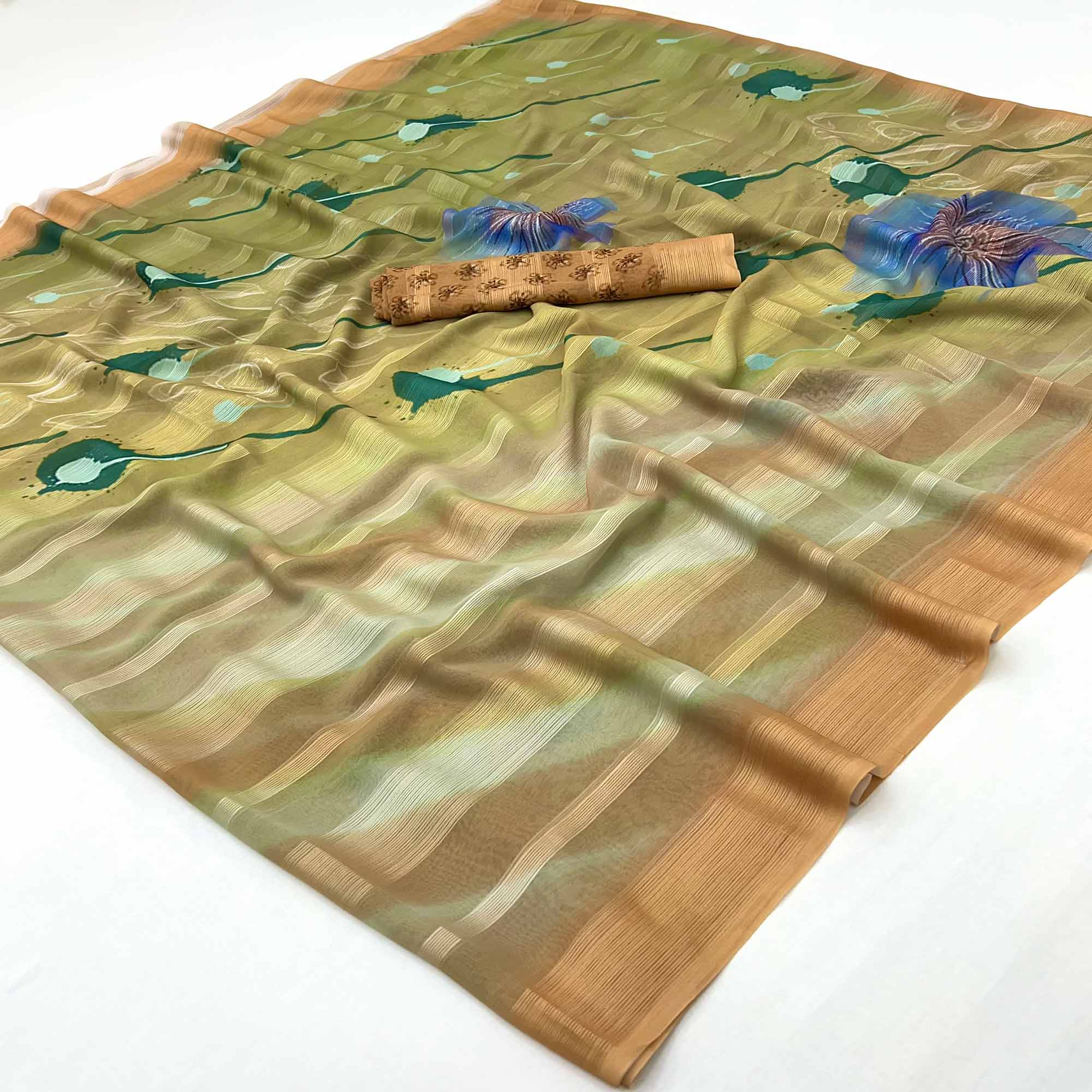 Mustard Silk Blend Saree With Floral Digital Prints & Striped Weaving Design