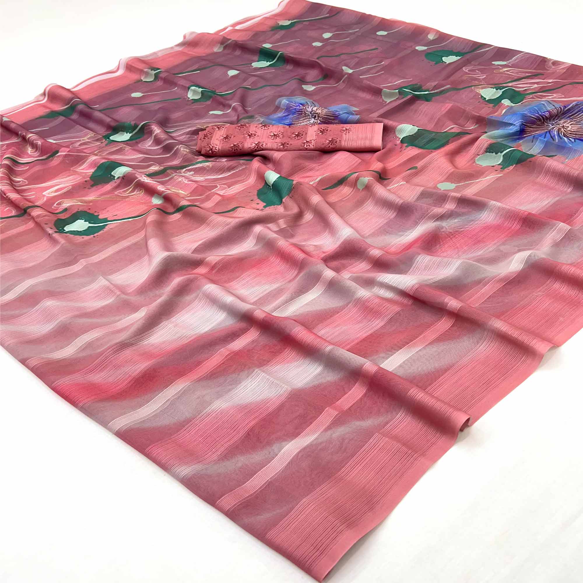 Coral Pink Silk Blend Saree With Floral Digital Prints & Striped Weaving Design