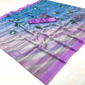 Lavender Silk Blend Saree With Floral Digital Prints & Striped Weaving Design