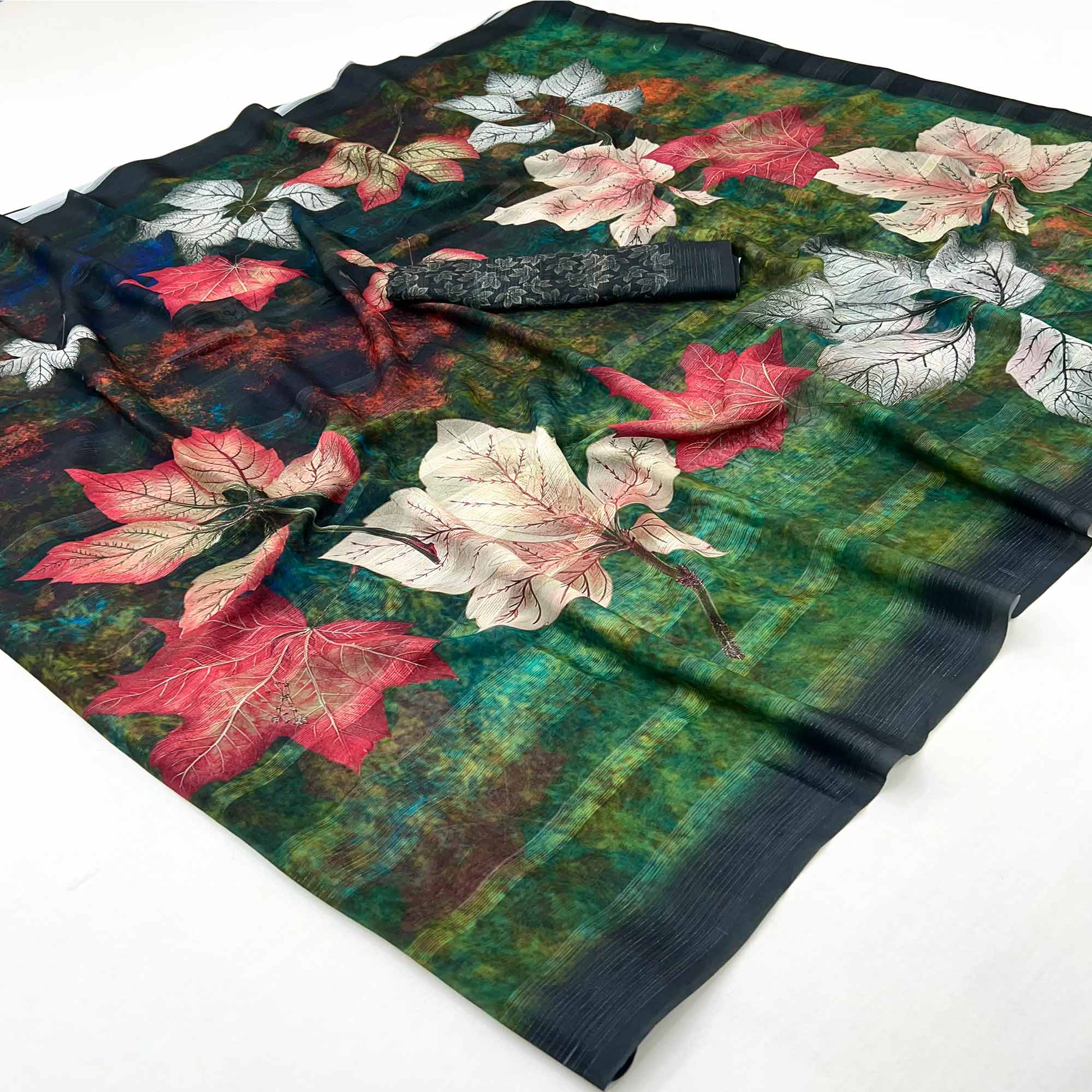 Trendy Green Leaf Digital Printed Silk Blend Saree With Textured Striped Weaving