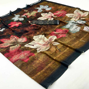 Trendy Brown Leaf Digital Printed Silk Blend Saree With Textured Striped Weaving