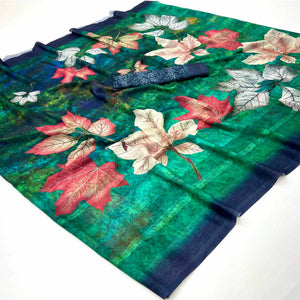 Trendy Acqa Green Leaf Digital Printed Silk Blend Saree With Textured Striped Weaving