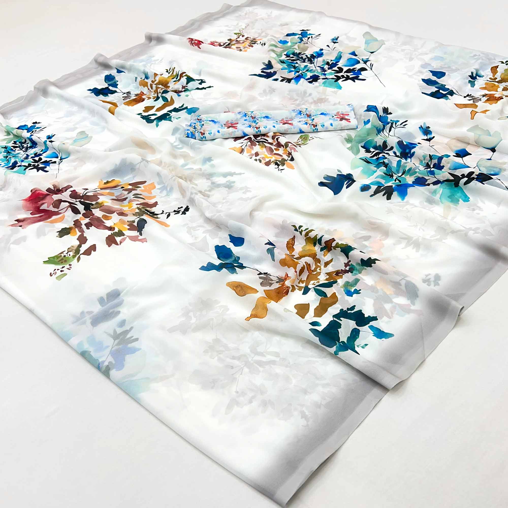 Graceful White Georgette Saree With Subtle Floral Digital Design