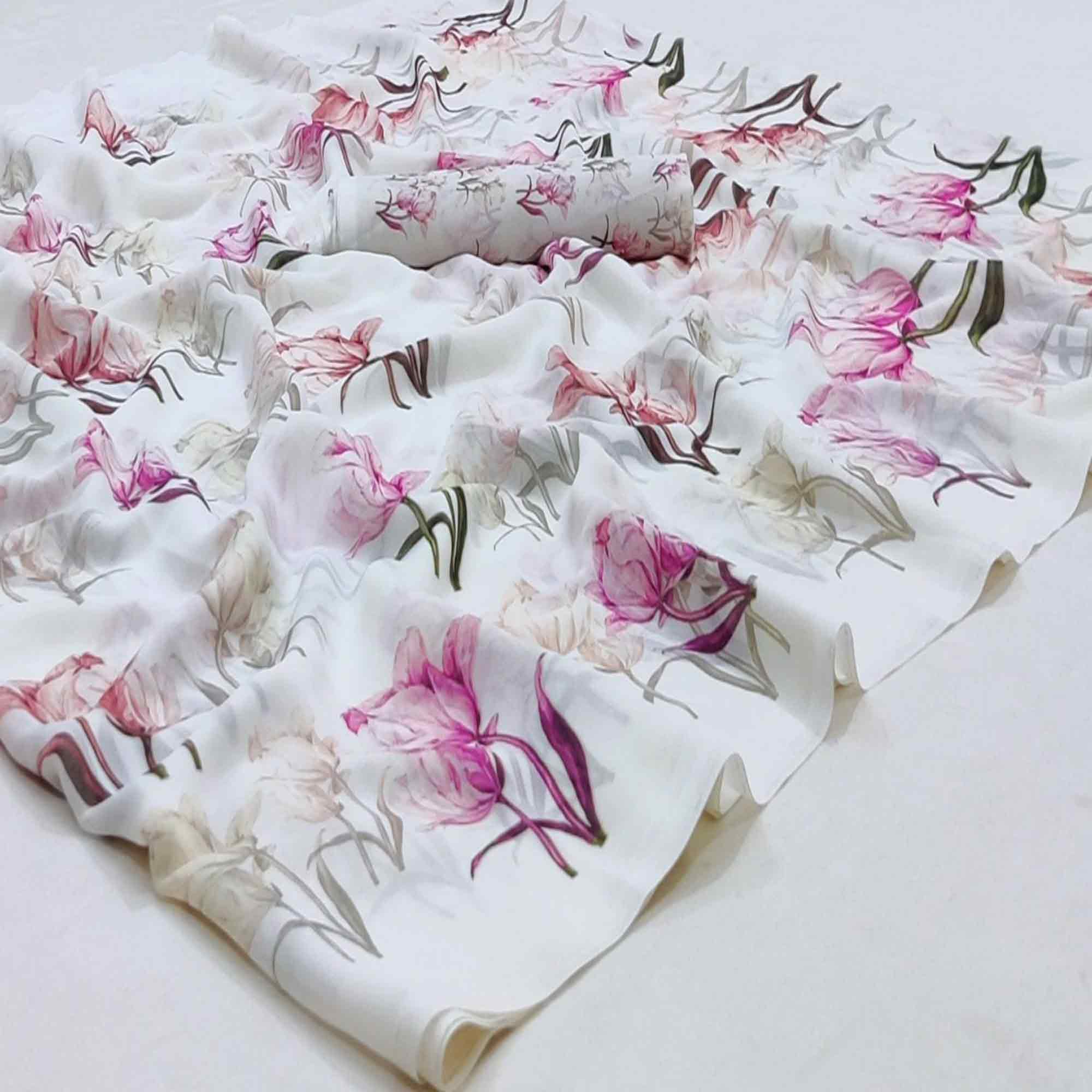 White Georgette Saree With Lightweight Drape And Dreamy Floral Motifs