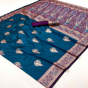 Classic Morpich Blue Silk Blend Saree With Ornate Peacock & Floral Zari Woven Motifs