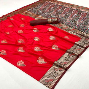 Classic Red Silk Blend Saree With Ornate Peacock & Floral Zari Woven Motifs