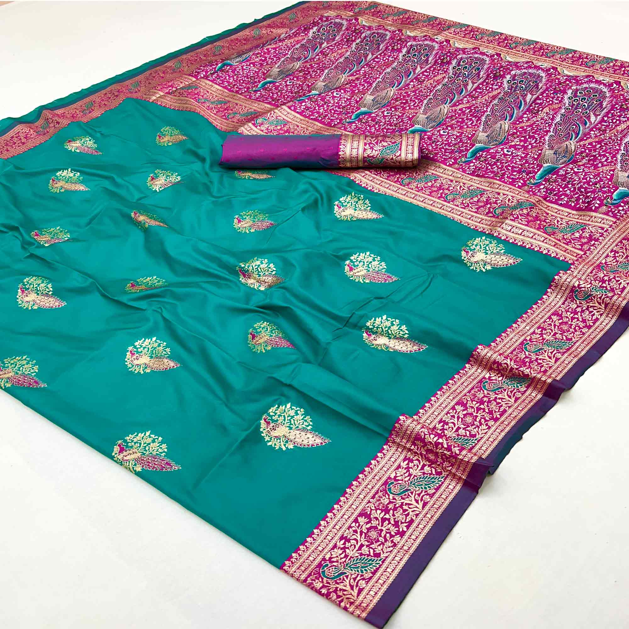 Classic Rama Green Silk Blend Saree With Ornate Peacock & Floral Zari Woven Motifs