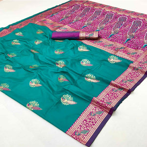 Classic Rama Green Silk Blend Saree With Ornate Peacock & Floral Zari Woven Motifs