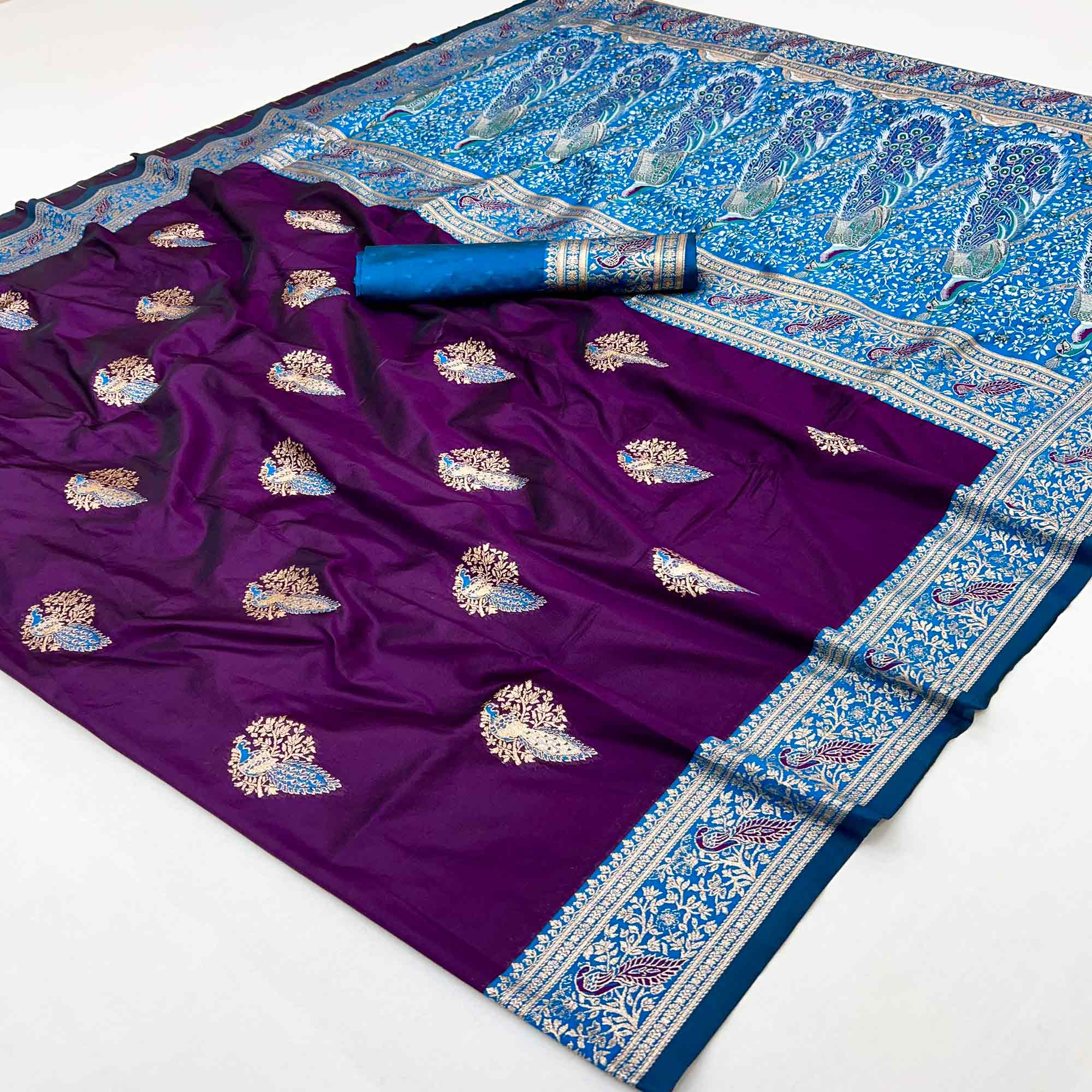 Classic Purple Silk Blend Saree With Ornate Peacock & Floral Zari Woven Motifs