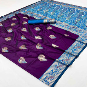 Classic Purple Silk Blend Saree With Ornate Peacock & Floral Zari Woven Motifs