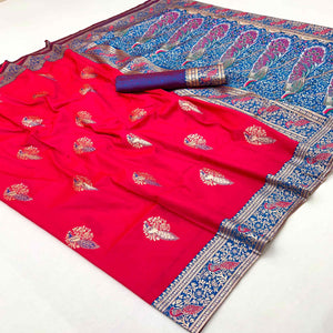 Classic Pink Silk Blend Saree With Ornate Peacock & Floral Zari Woven Motifs