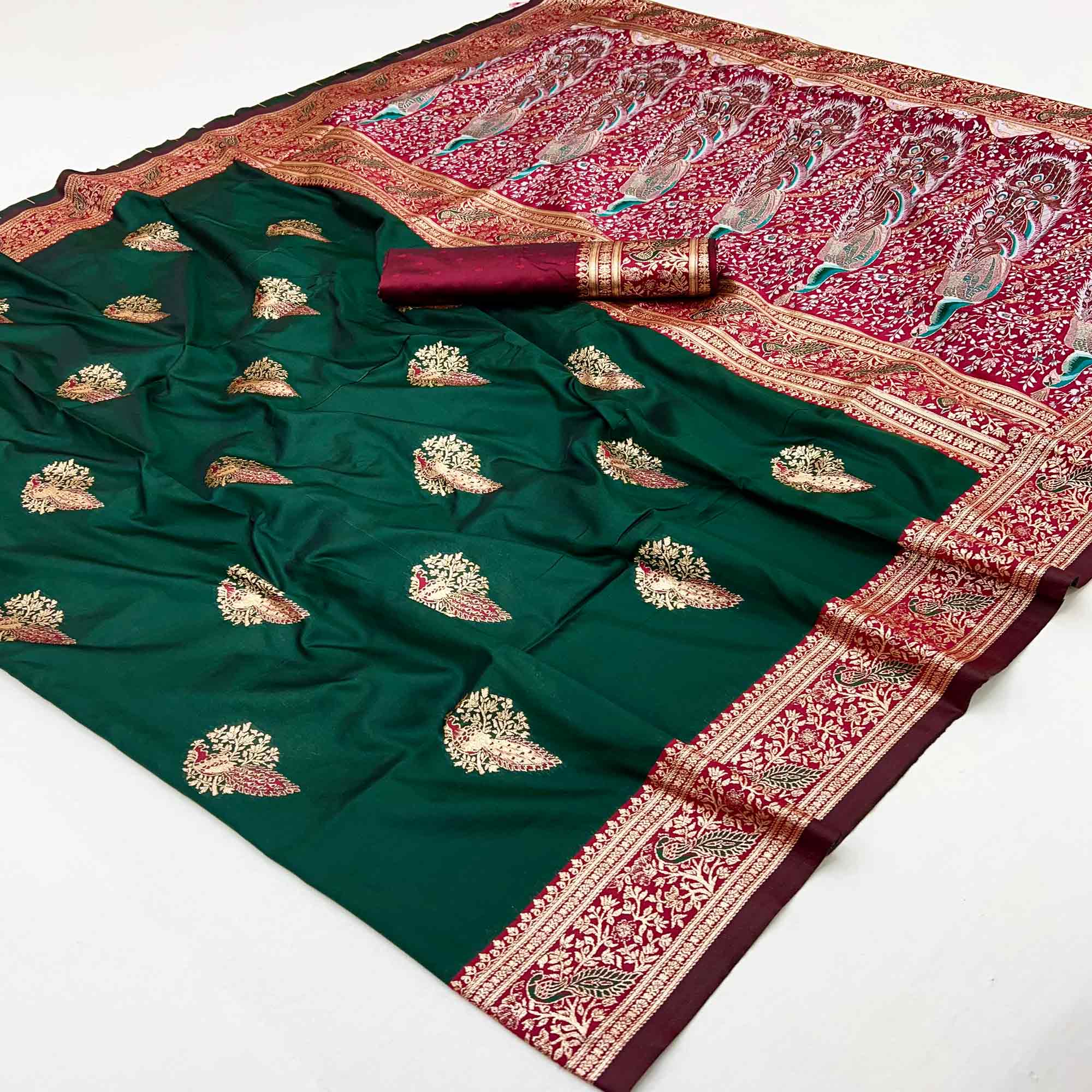 Classic Green Silk Blend Saree With Ornate Peacock & Floral Zari Woven Motifs