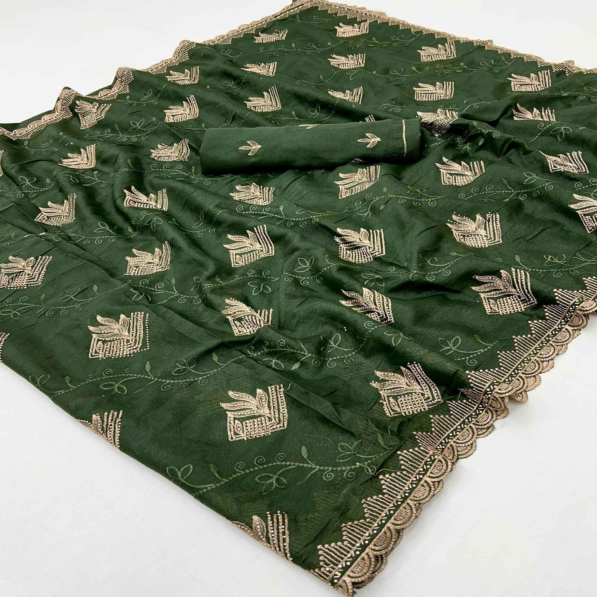 Elegant Green Georgette Saree Accented With Intricate Floral Thread Embroidery