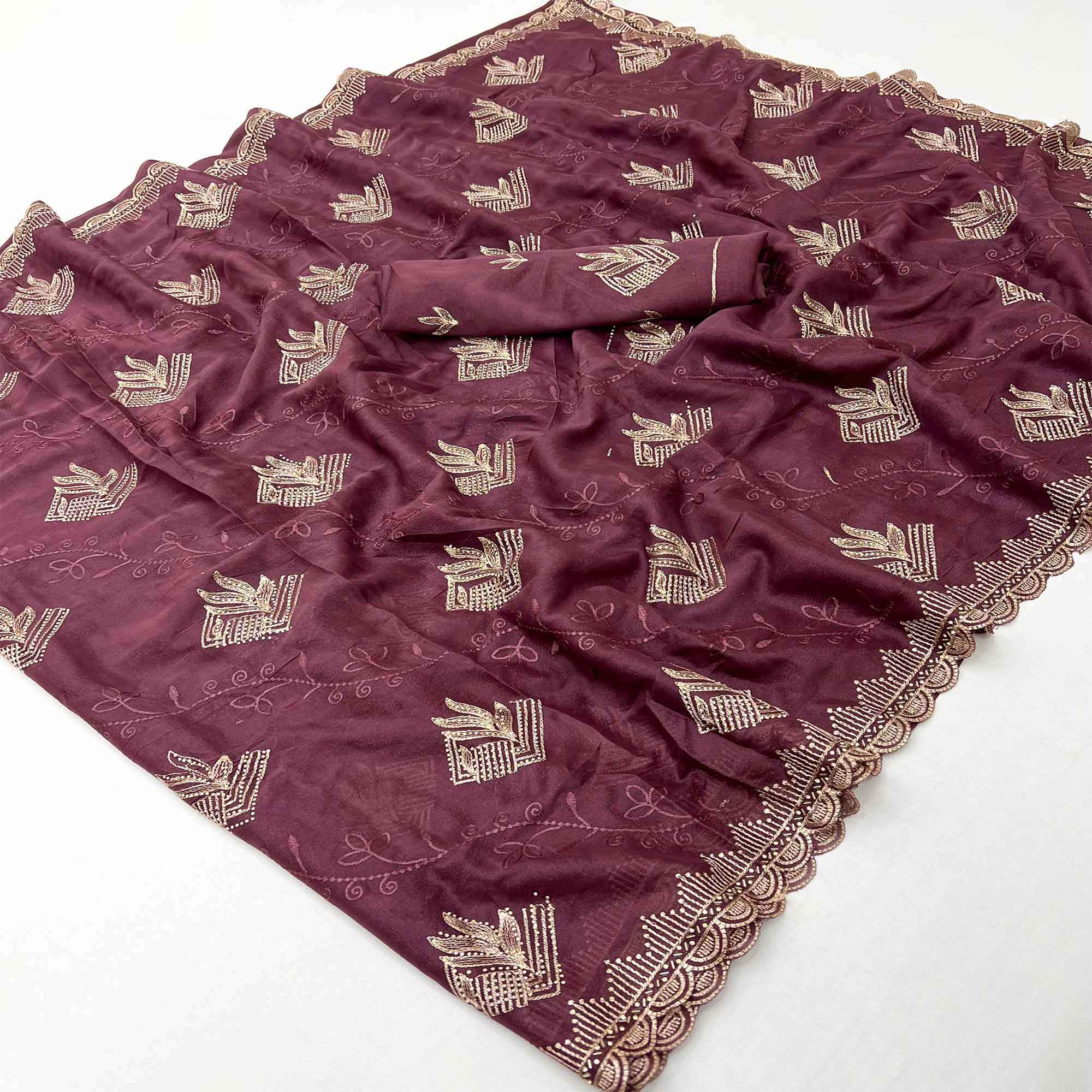 Elegant Wine Georgette Saree Accented With Intricate Floral Thread Embroidery