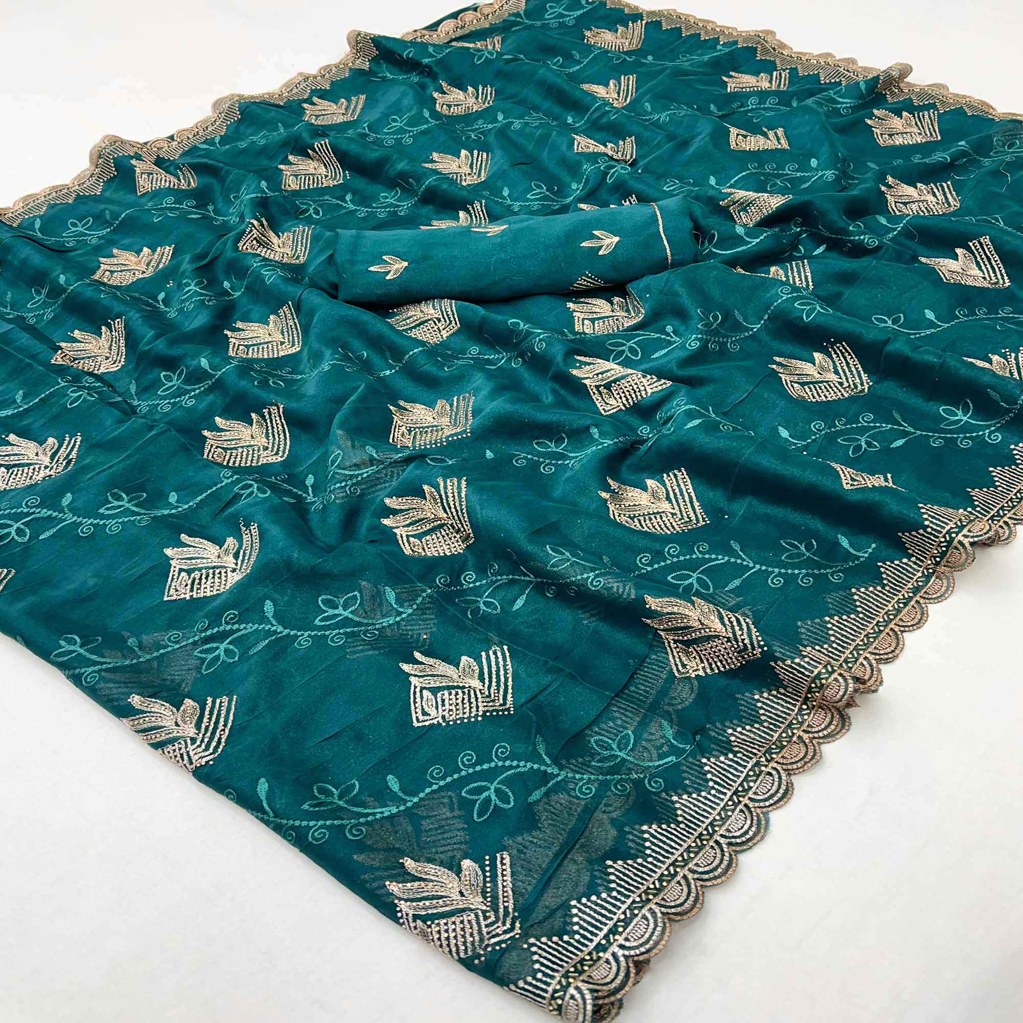 Elegant Teal Georgette Saree Accented With Intricate Floral Thread Embroidery