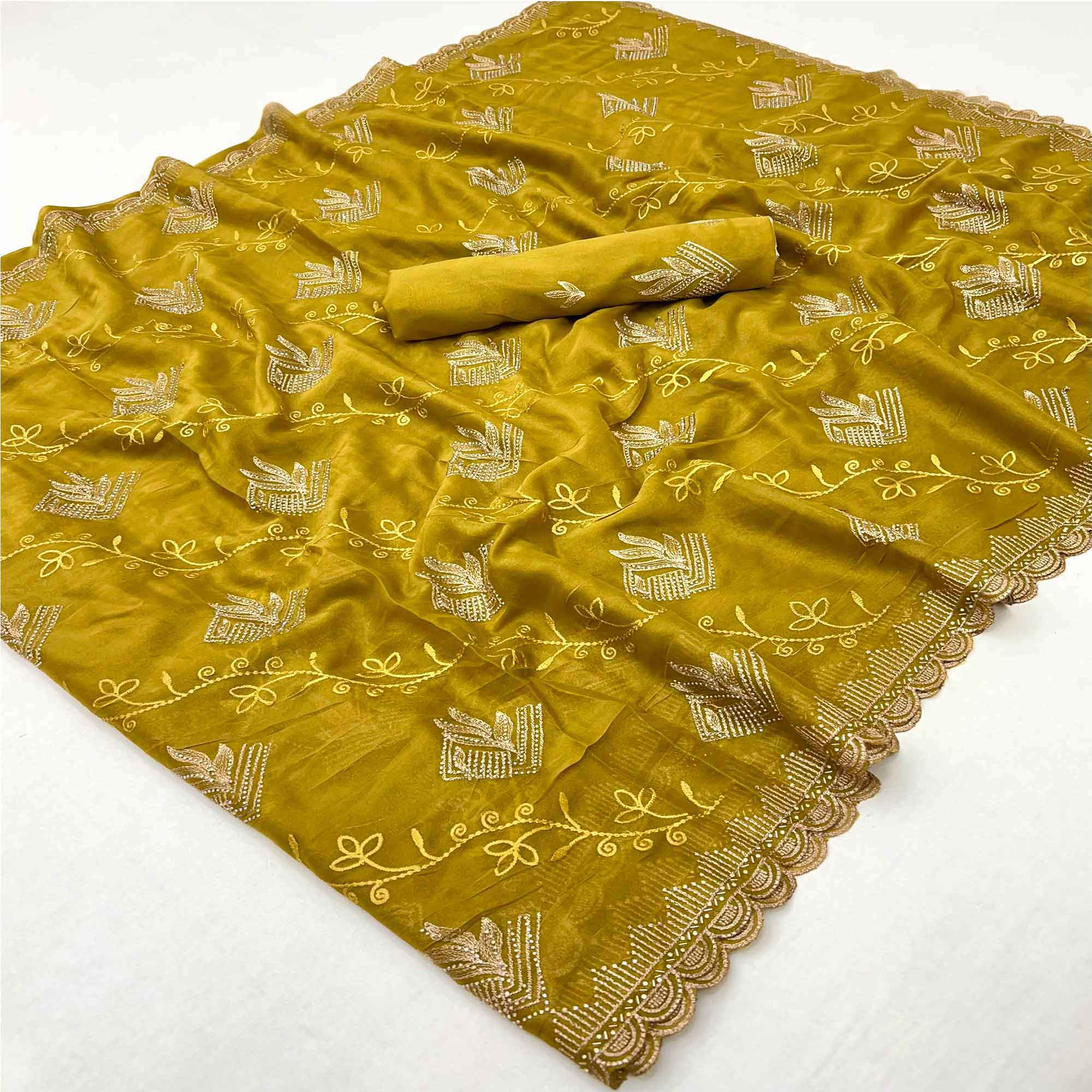 Elegant Mustard Georgette Saree Accented With Intricate Floral Thread Embroidery