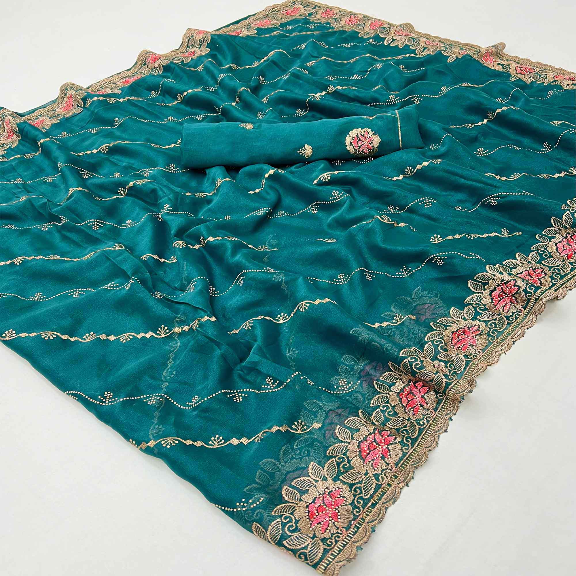Graceful Teal Floral Thread & Zari Embroidered Georgette Saree