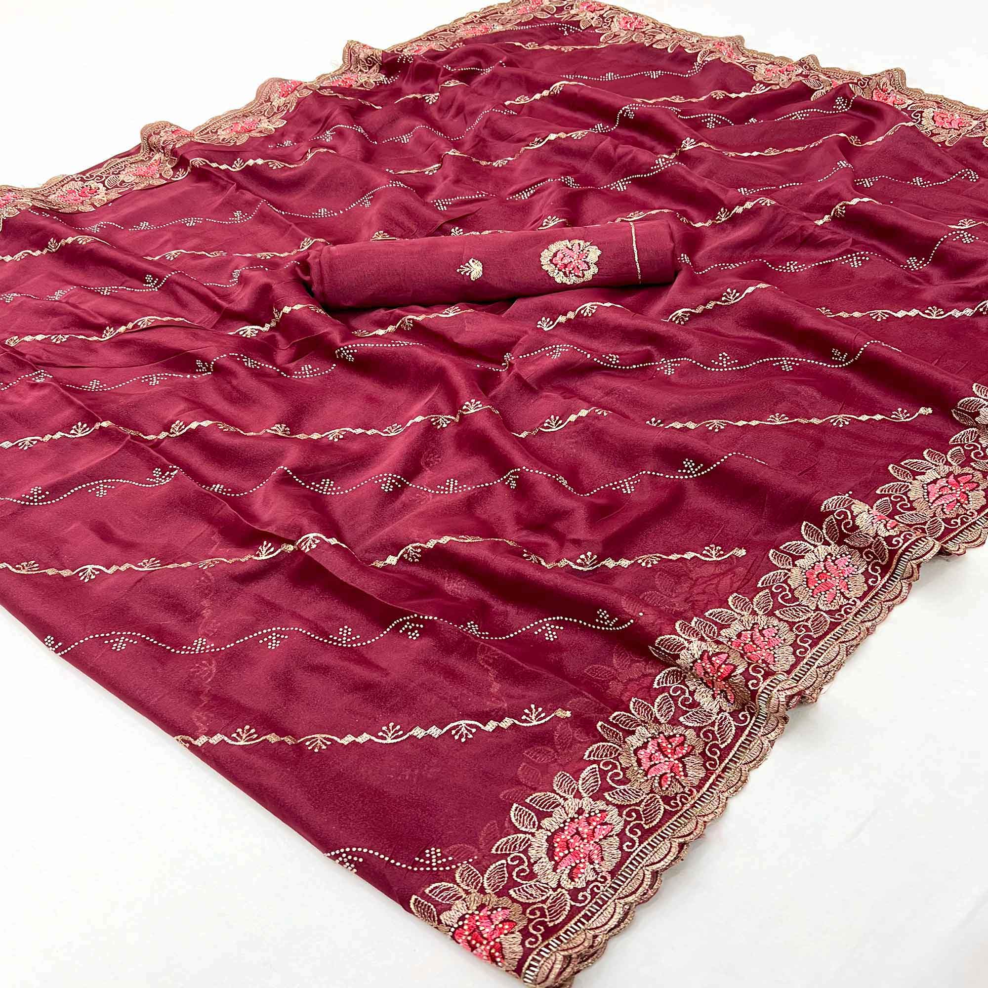 Graceful Maroon Floral Thread & Zari Embroidered Georgette Saree